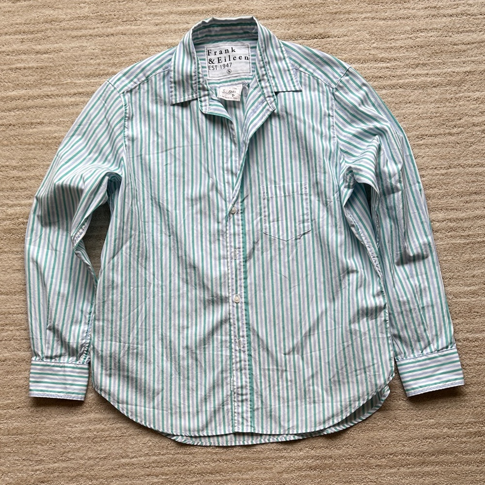 NWT Frank & Eileen Eileen Blue & Green Stripe Button-Up Blouse Sample Size Small